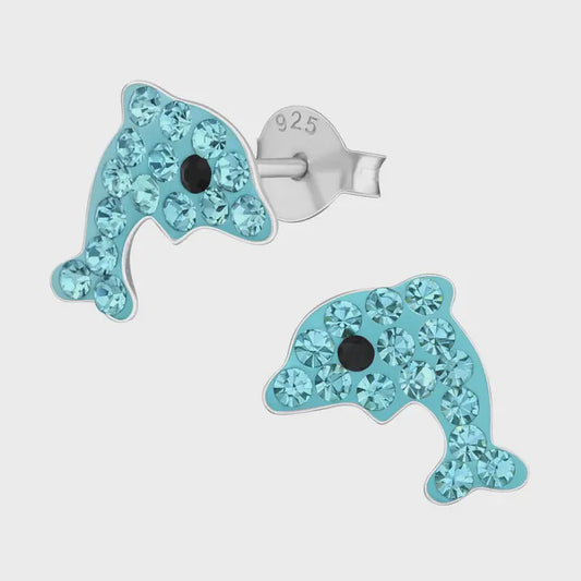 Silver Dolphin Studs - Light Blue