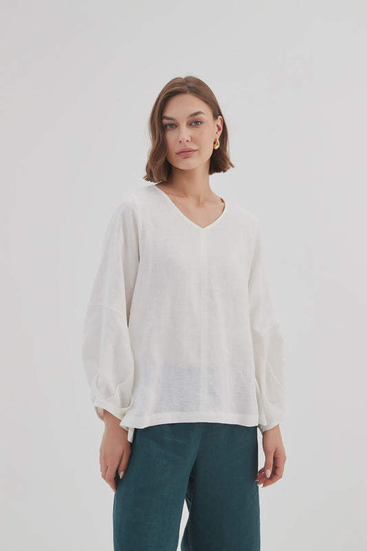 BISHOP LONG SLEEVE LINEN TOP WHITE