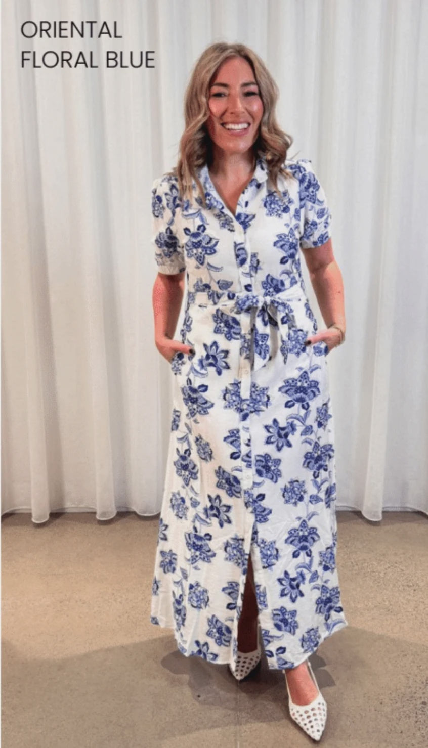 Shirt Dress with Short Sleeve Oriental Floral blue