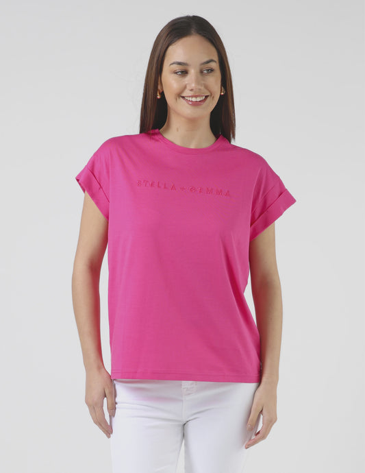 Cuff Sleeve T-Shirt - Cerise Pink - Embroidered Logo