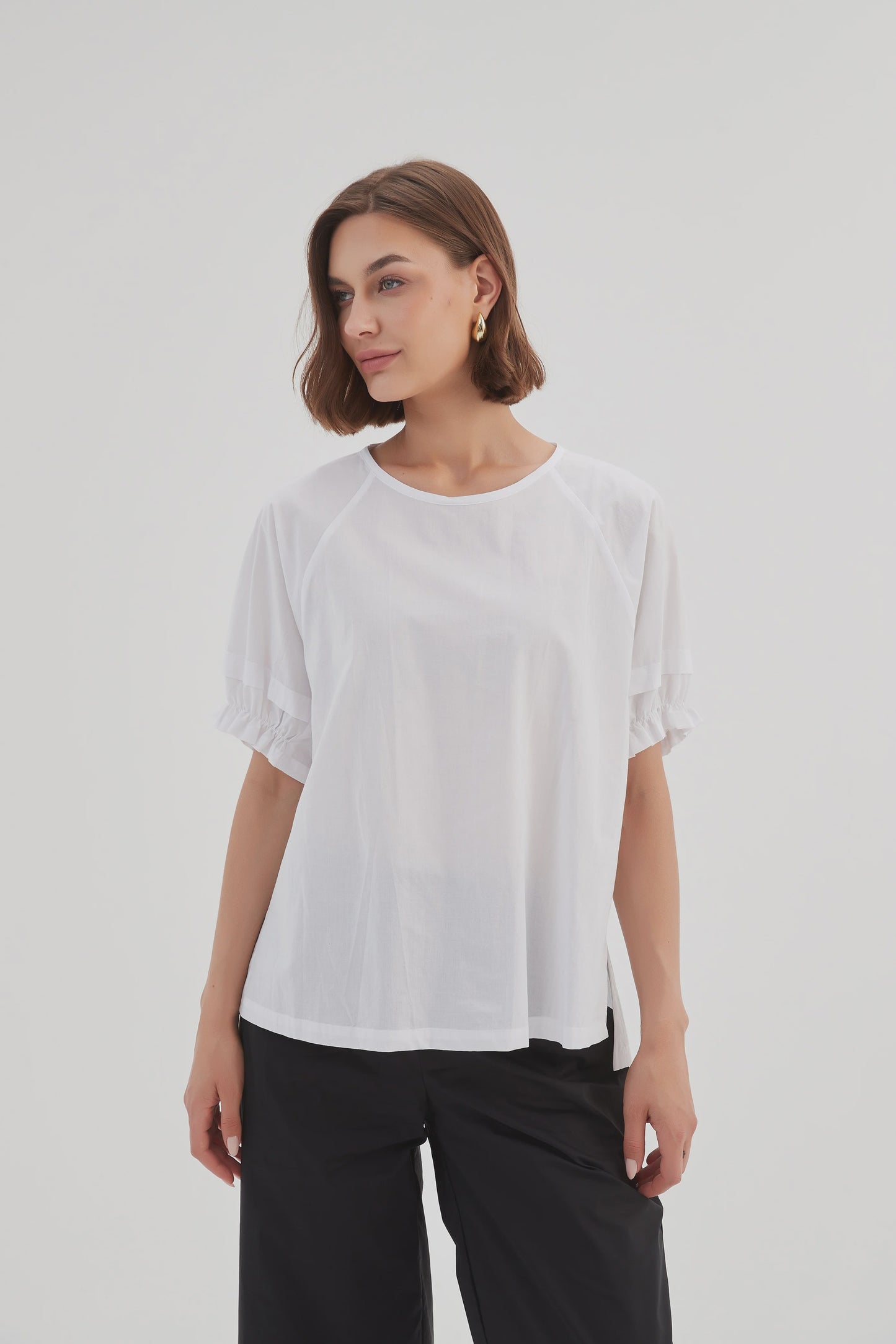 Ruffle Sleeve Lyocell Top White