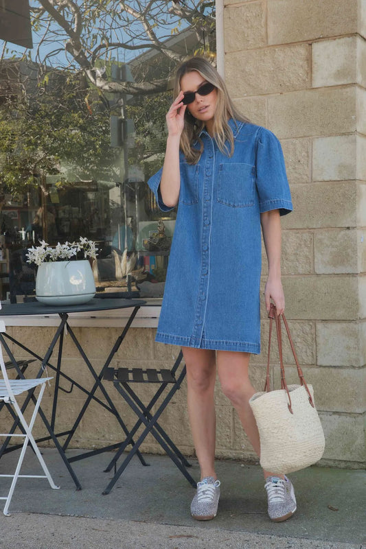 DYLAN PLEAT SLEEVE BOXY DRESS FRESH INDIGO
