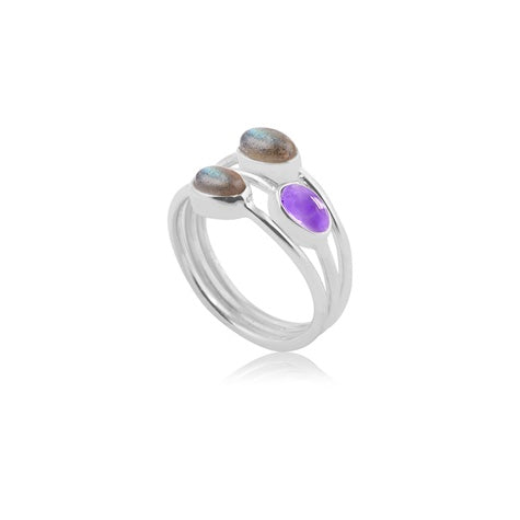 9Cara 925 Silver Ring - Gray Moonstone - Amethyst - Labradorite