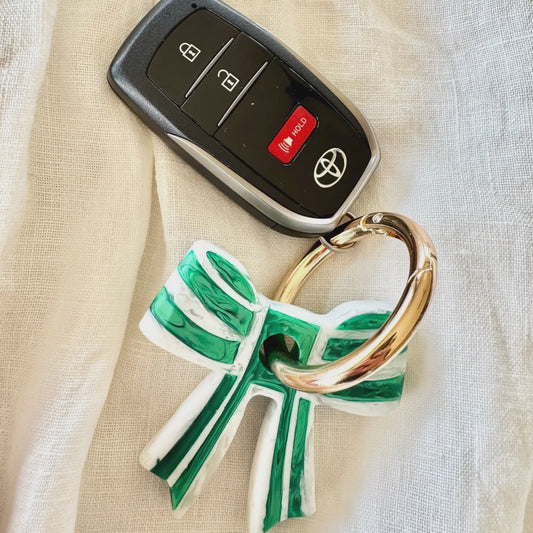 Stripey Bow resin Keyrings - Emerald / White