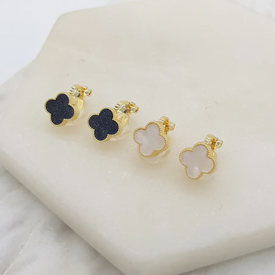 Clip on Clover Earrings Gold (White or Black)
