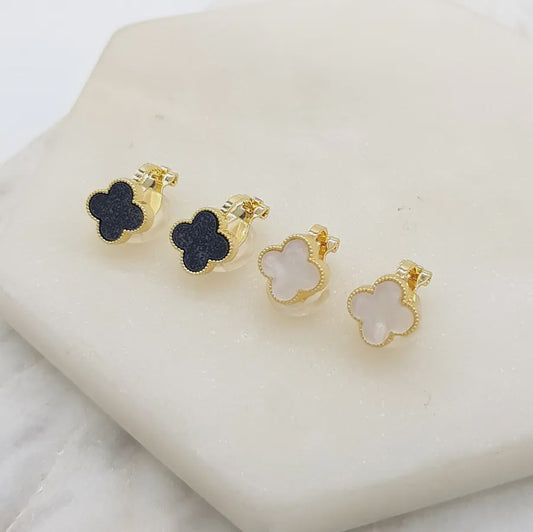 Clip on Clover Earrings Gold (White or Black)