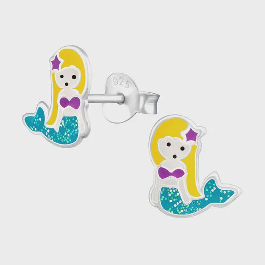 Silver Mermaid Stud Earrings - Epoxy - Blue Glitter