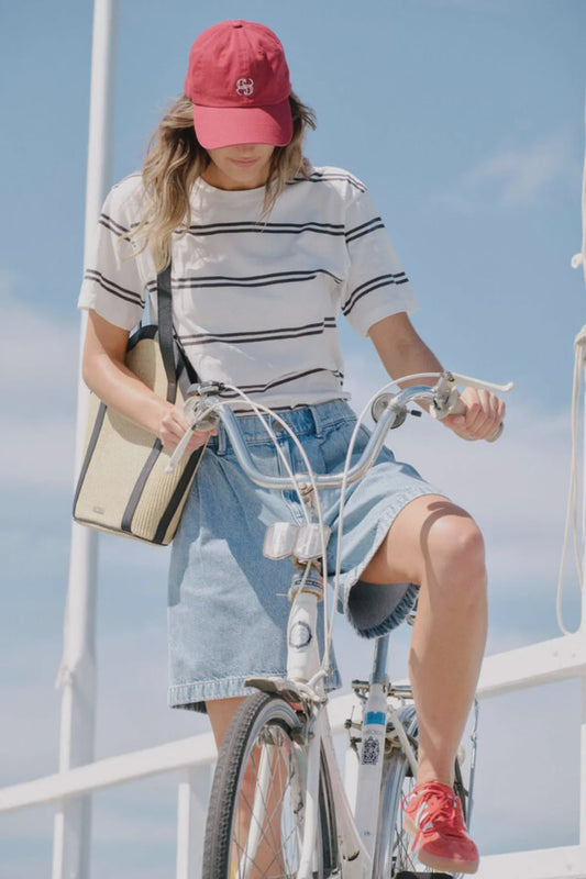 STEVIE SLOUCHY SPLIT HEM TEE/VANILLA/PHANTOM DOUBLE STRIPE