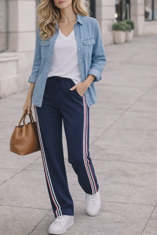 Elodie Wide leg/Side Stripe Pant - Navy