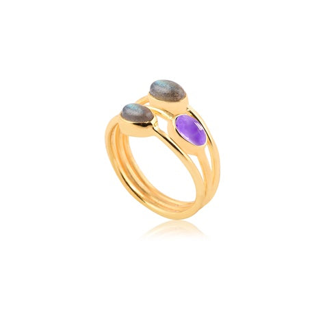 925 Silver / 18 carat gold plated ring - Gray Moonstone - Amethyst - Labradorite