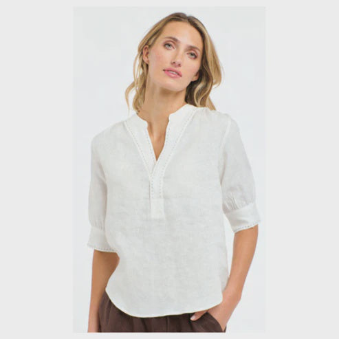 Bradley Linen Stitch Top - White & Chocolate