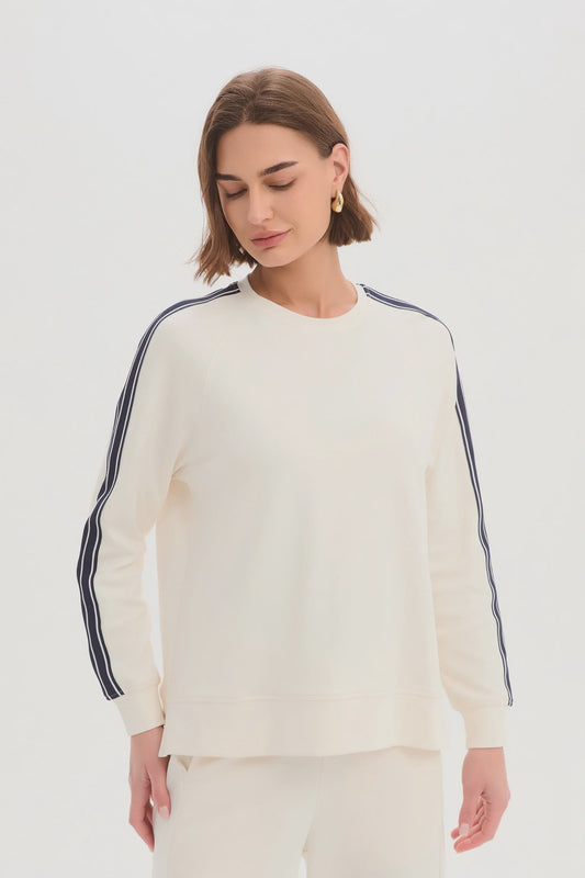 STRIPE SLEEVE SWEAT - CREAM & NAVY
