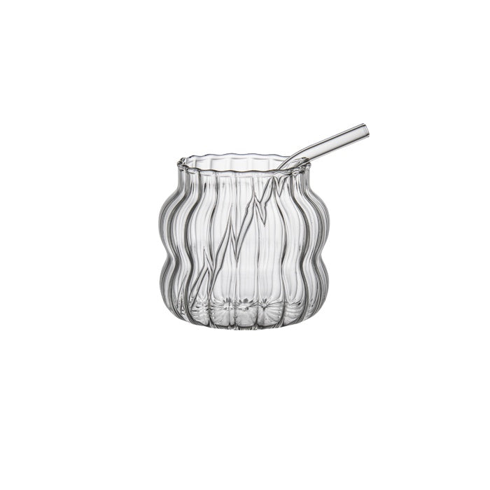 PUNCH RIBBED GLASS CUP WITH STRAW SMALL