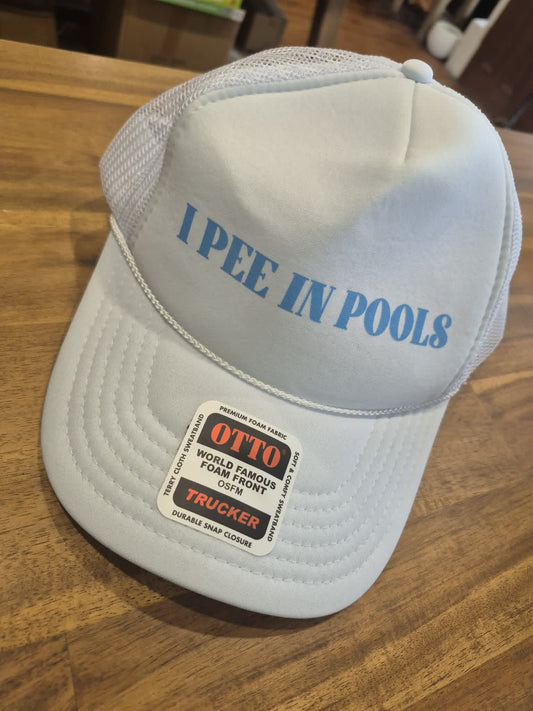 I Pee in Pools - Trucker Hat - White & Blue