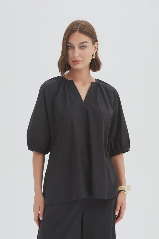 Gathered Notch Neck Top Black