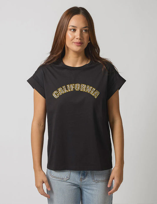 Cuff Sleeve T-Shirt Leopard California Black