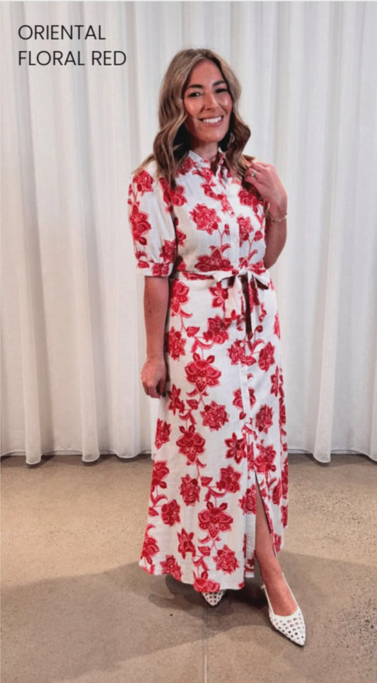 Shirt Dress with Short Sleeve Oriental Floral Red