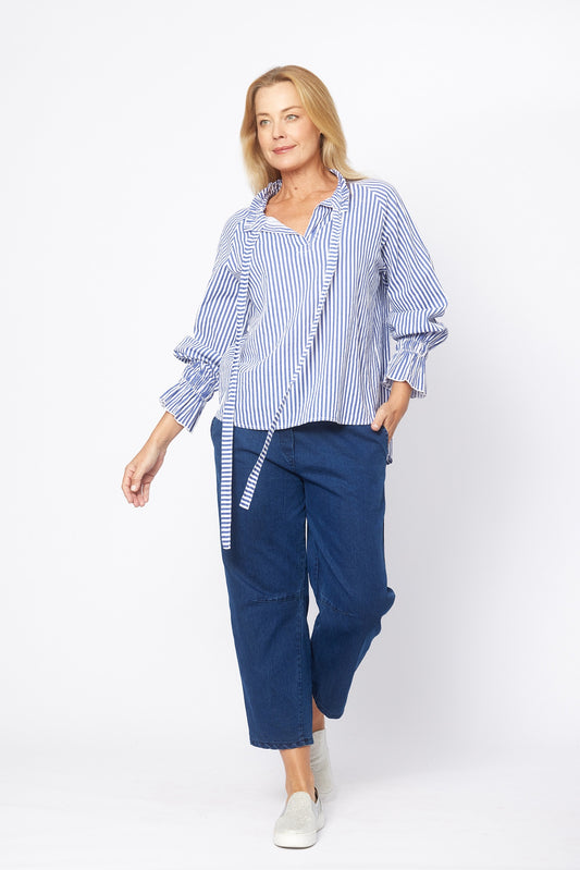 Josephine Cotton Frill Tie Neck Stripe Top - Ocean