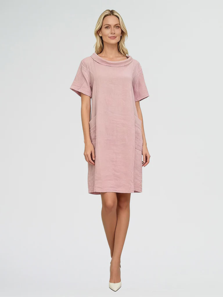 100%LINEN PANEL COW NECK DRESS ROSA