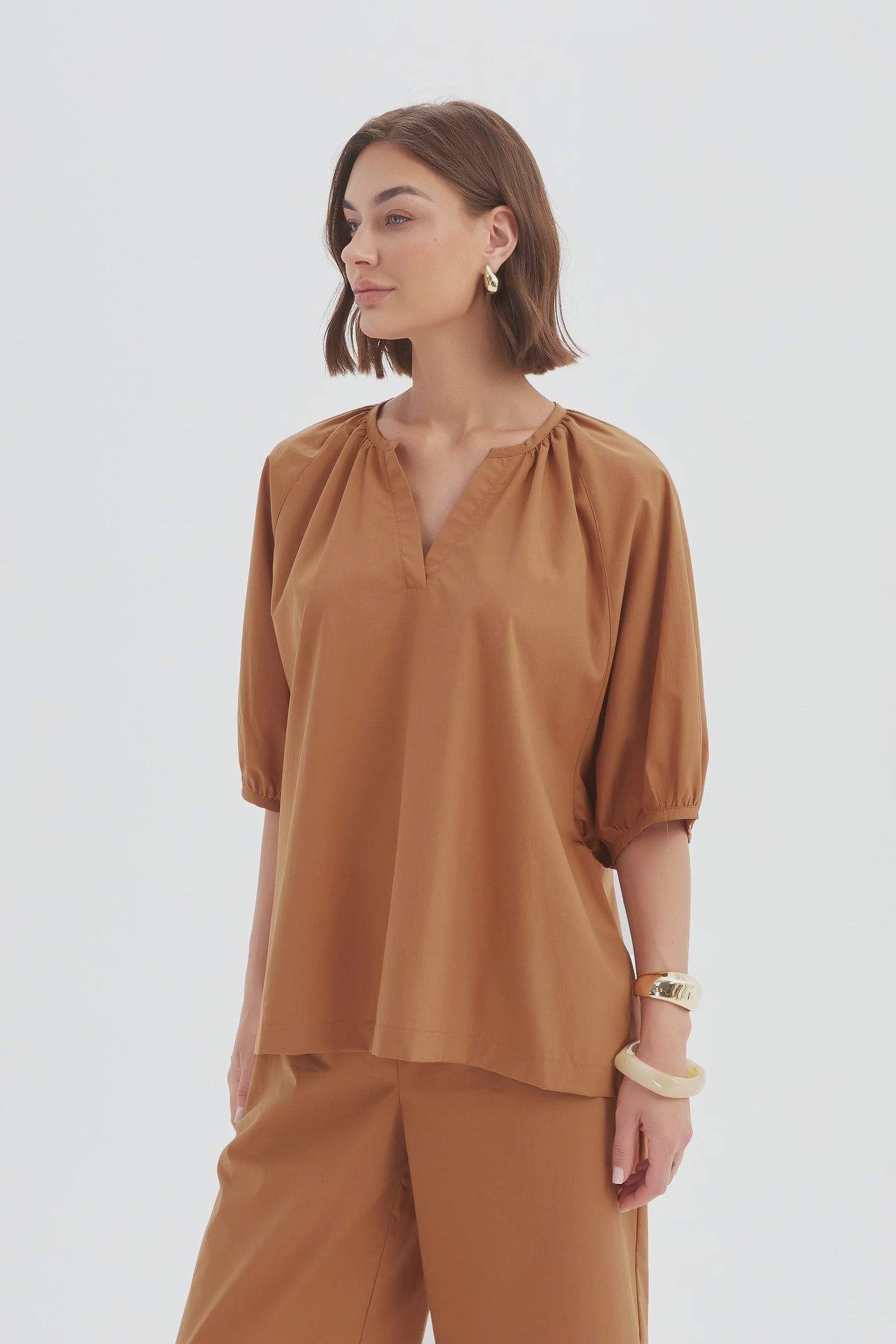 Gathered Notch Neck Top Russett