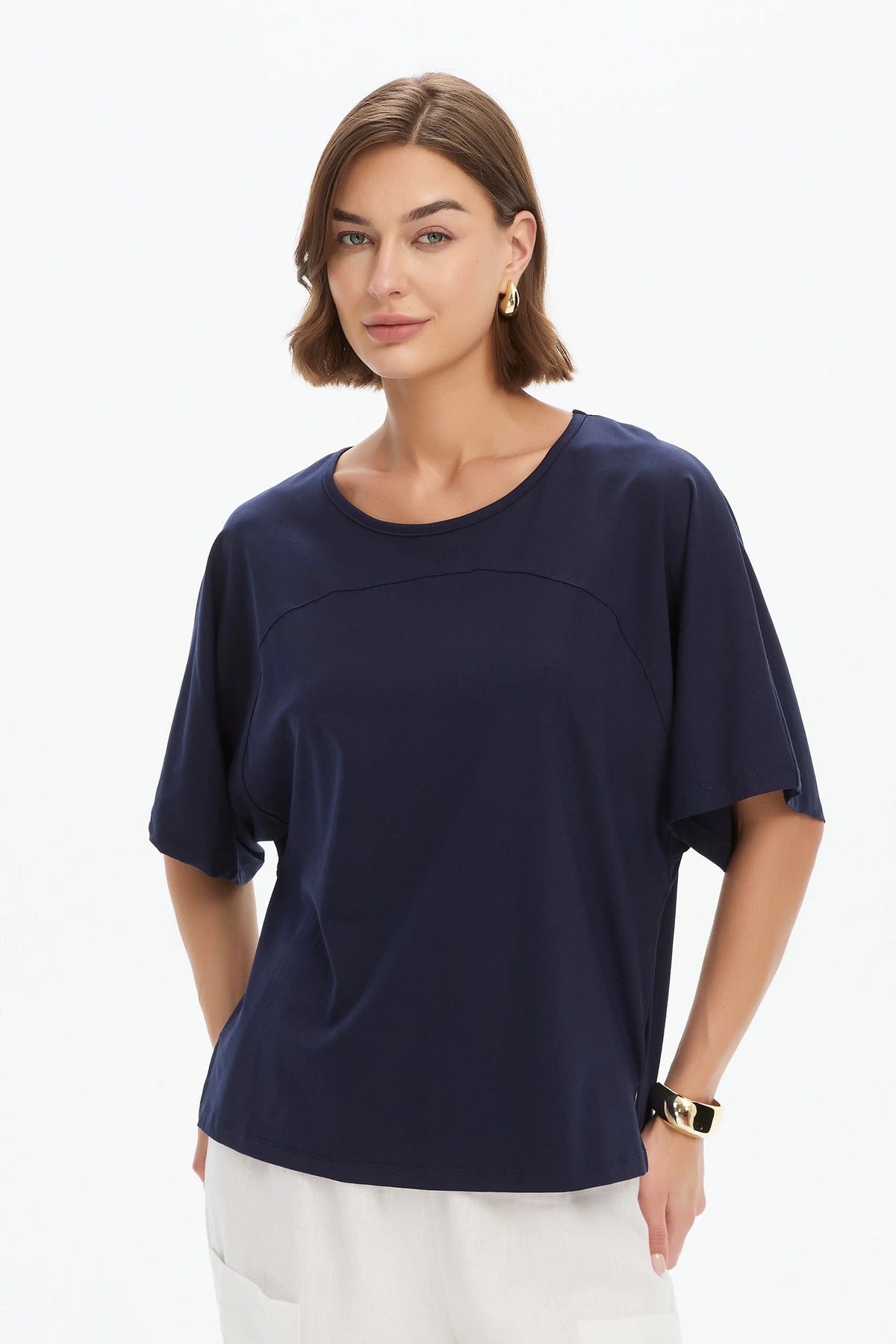 Wide Sleeve Yoke Tee - Navy