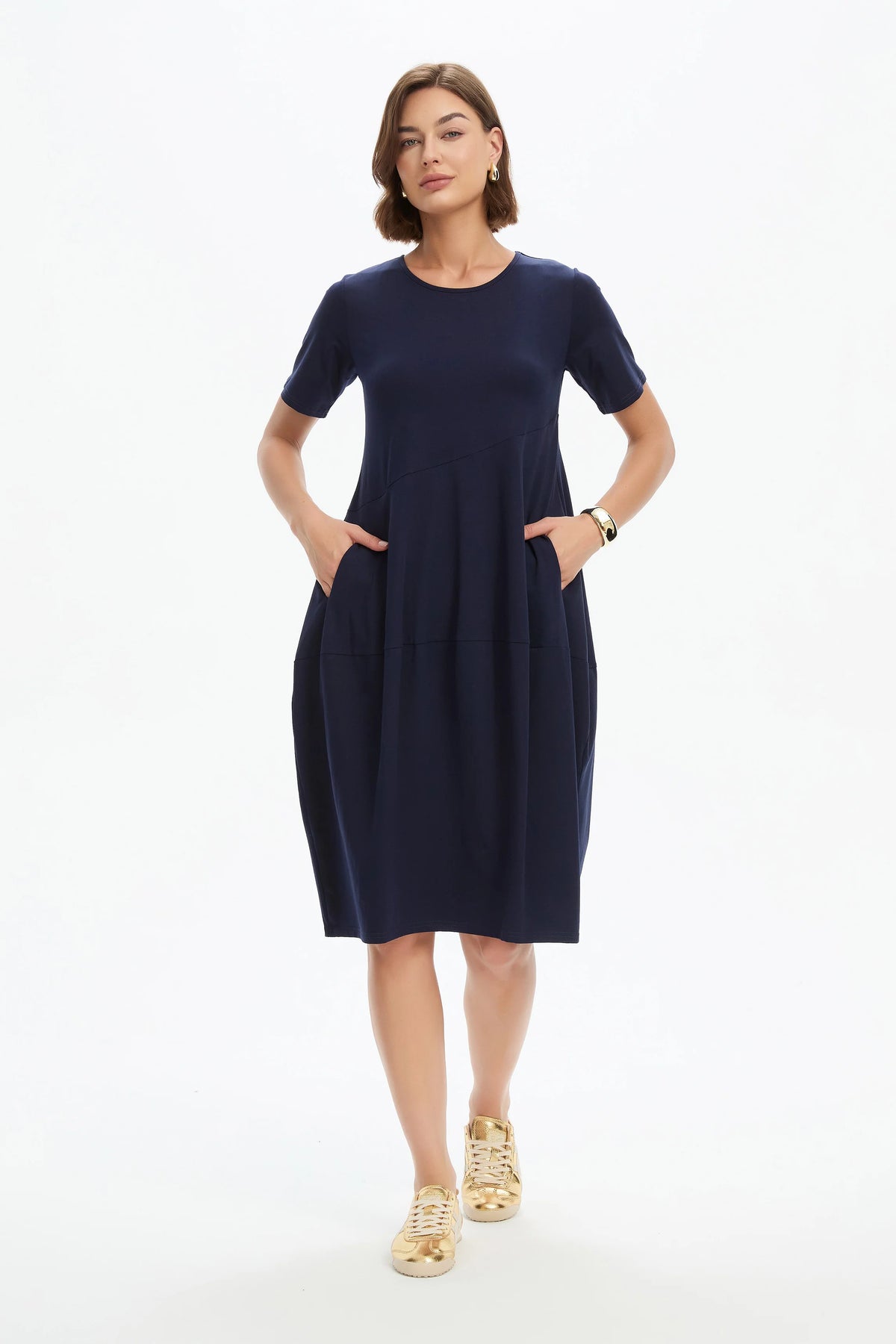 Short Sleeve Diagonal Seam Dress - Navy
