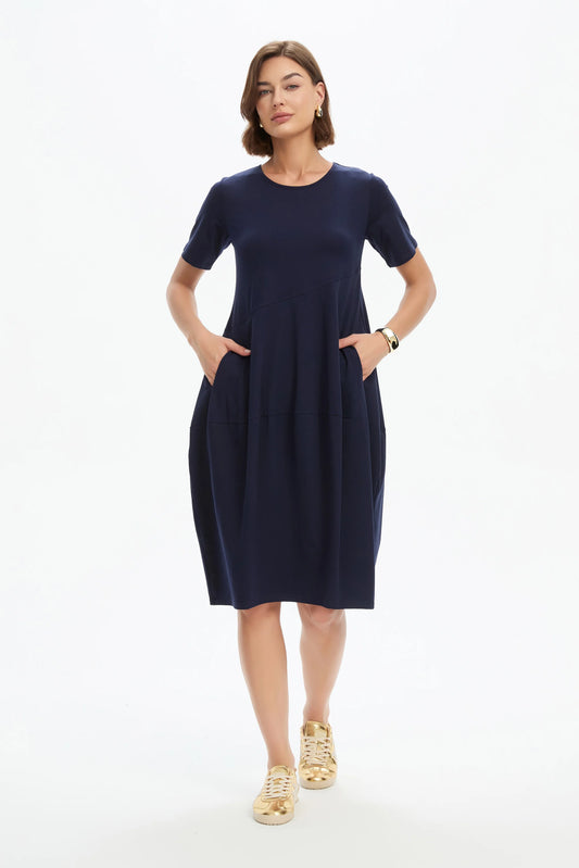 Short Sleeve Diagonal Seam Dress - Navy