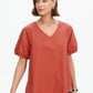 V Neck Bishop Sleeve Poplin Top Clay Red