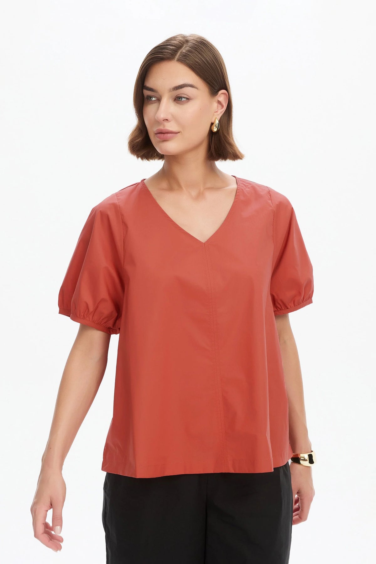 V Neck Bishop Sleeve Poplin Top Clay Red