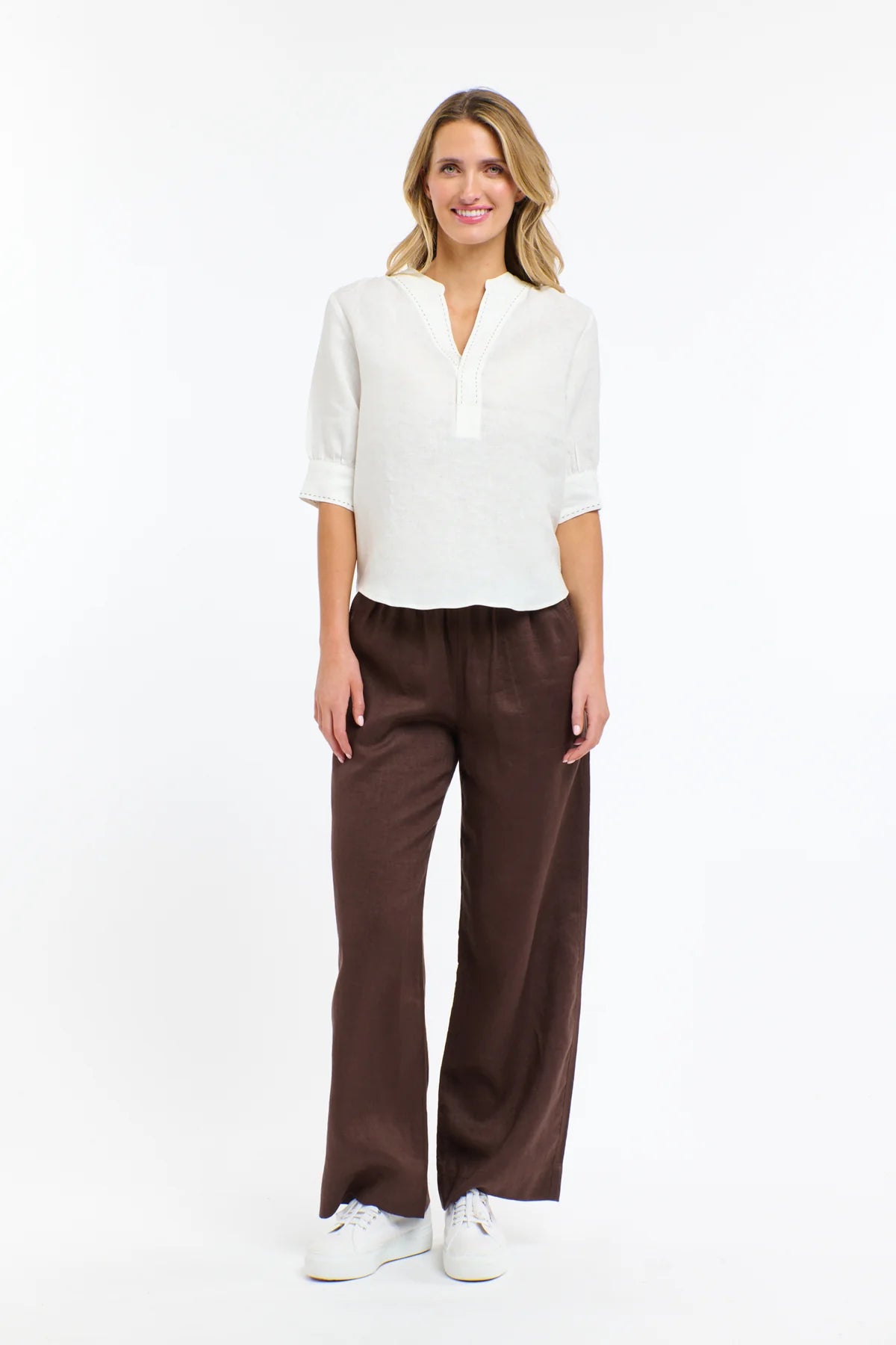 Bradley Linen Stitch Top - White & Chocolate