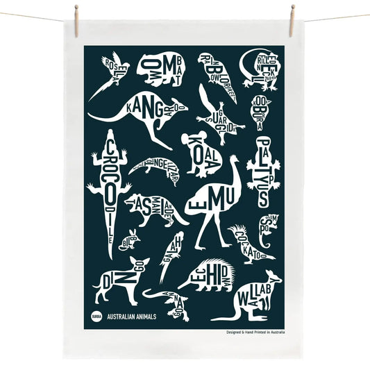 Australian Animals Tea Towel - Navy