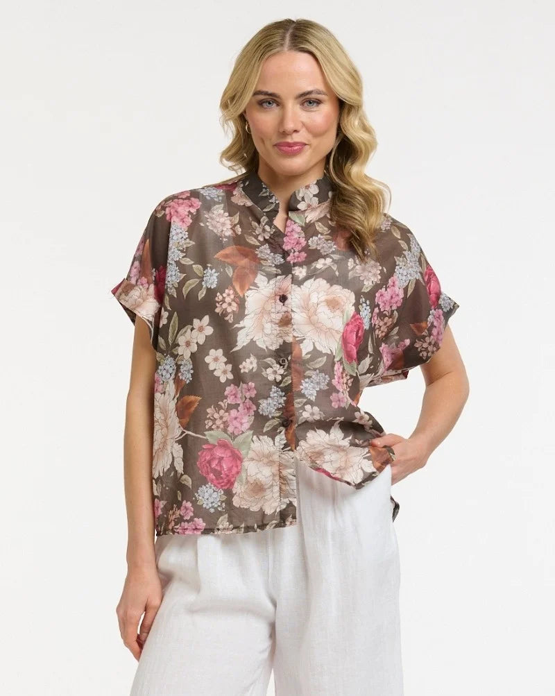 Floral Print Blouse - Chocolate - One Size