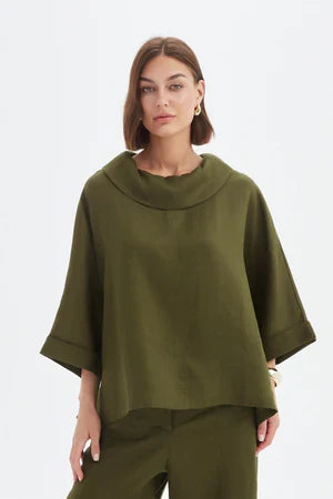 Funnel Neck Boxy Top - Olive Green