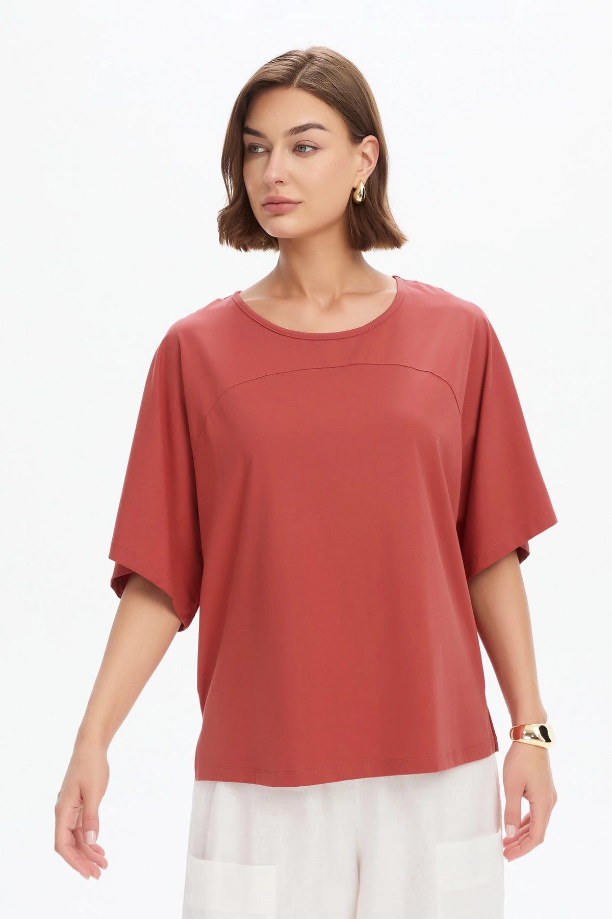 Wide Sleeve Yoke Tee - Dusty Red