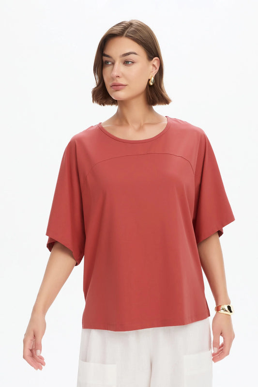 Wide Sleeve Yoke Tee - Dusty Red
