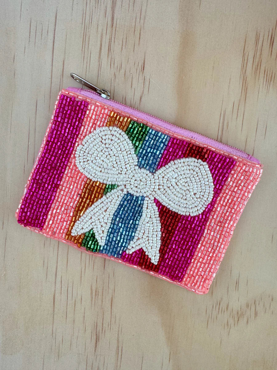 Rainbow Stripe Beaded Bow Coin Purse
