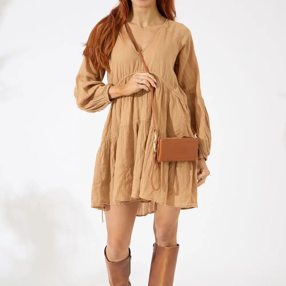 Vegan Leather New Haven Crossbody Wallet - Tan