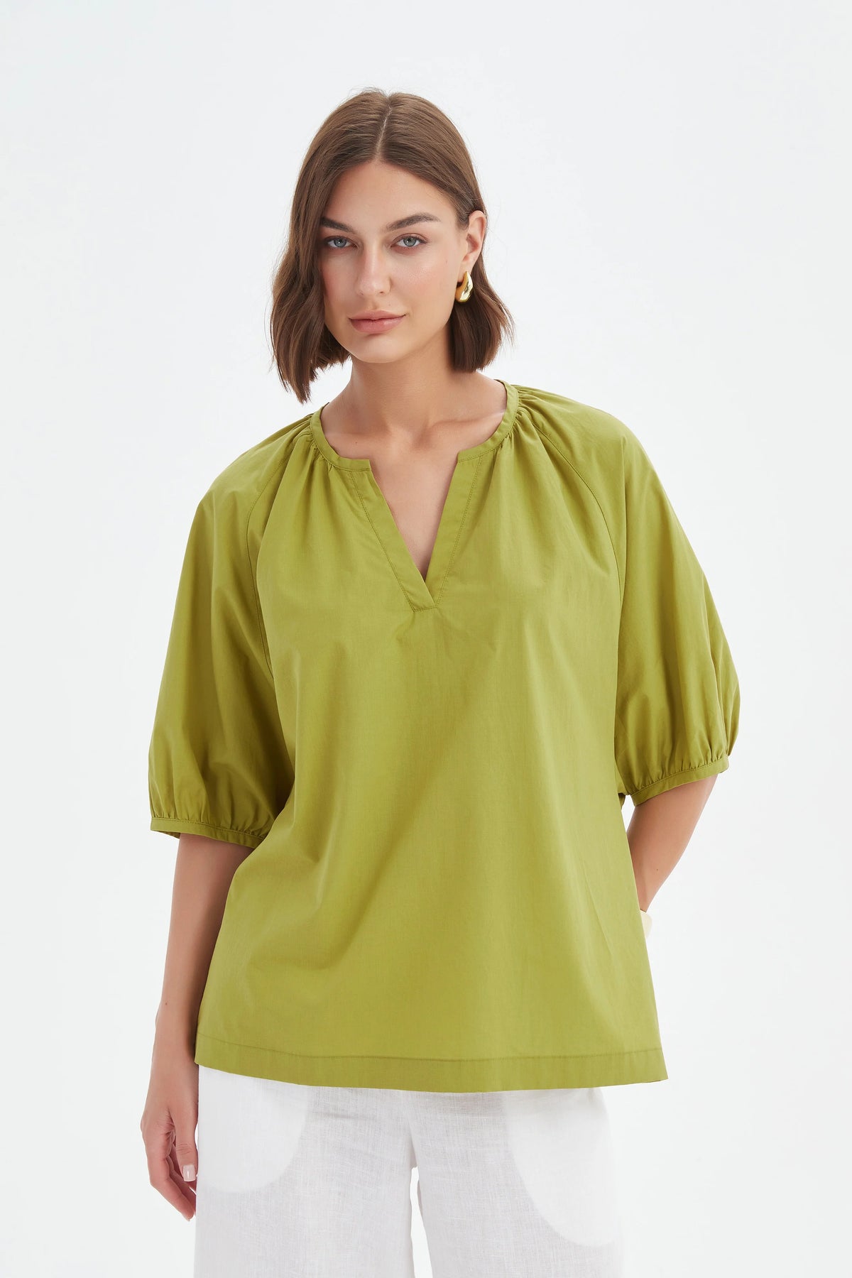 Gathered Notch Neck Top Split Pea