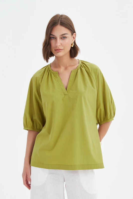 Gathered Notch Neck Top Split Pea