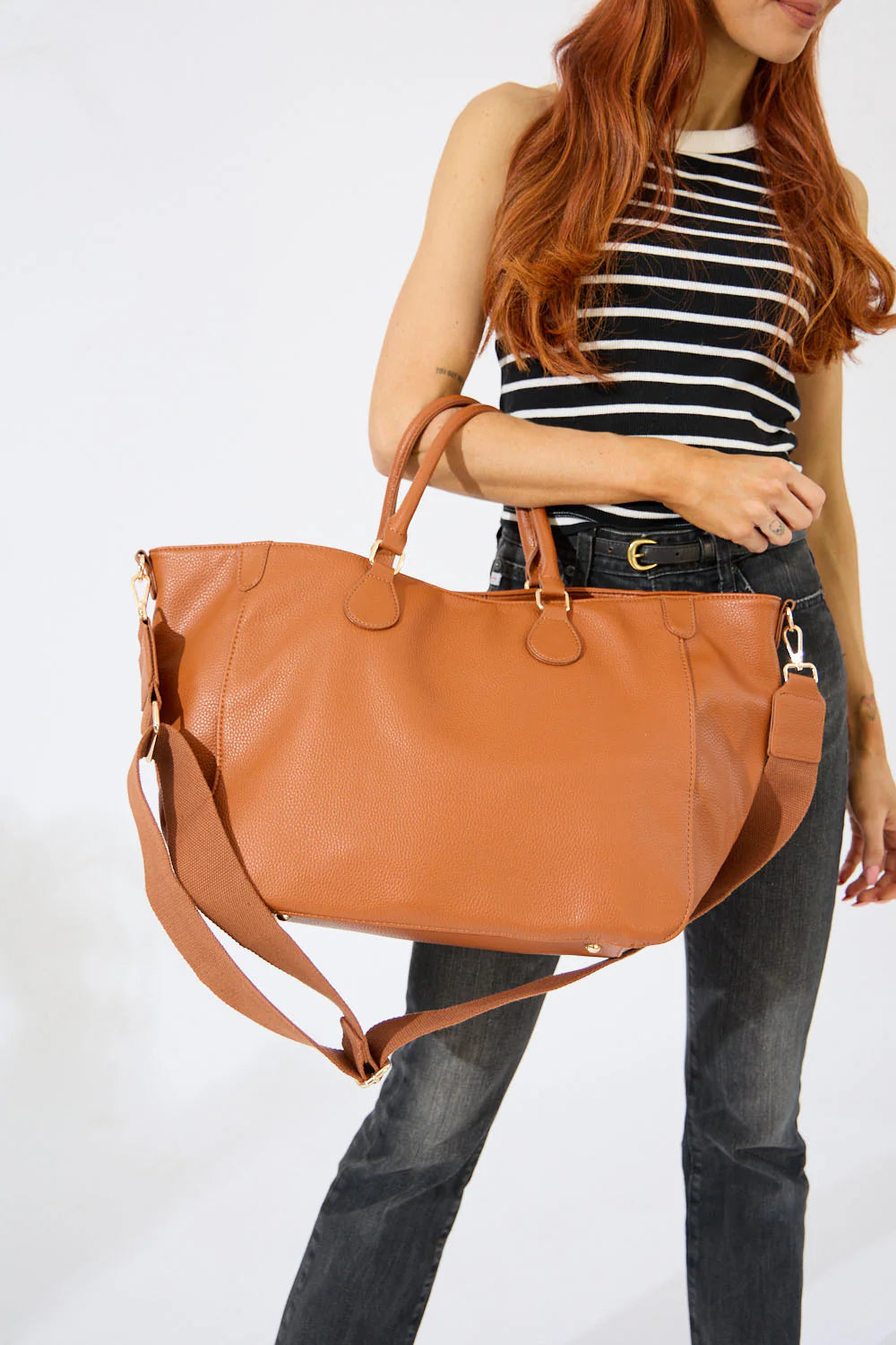 Vegan Leather Los Angeles Oversized Tote Bag - Tan