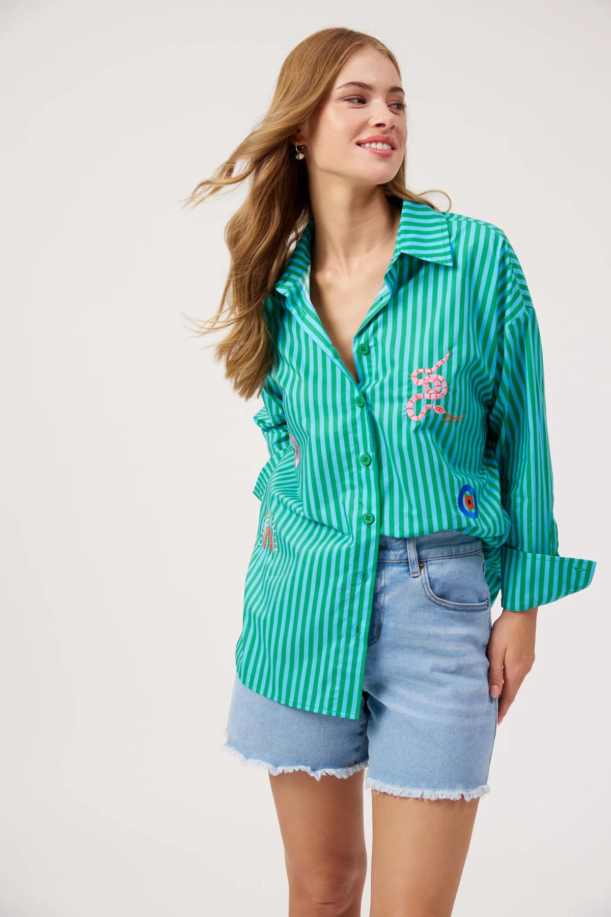Mykonos Embroidered Stripe Shirt - Green
