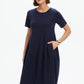 Short Sleeve Diagonal Seam Dress - Navy