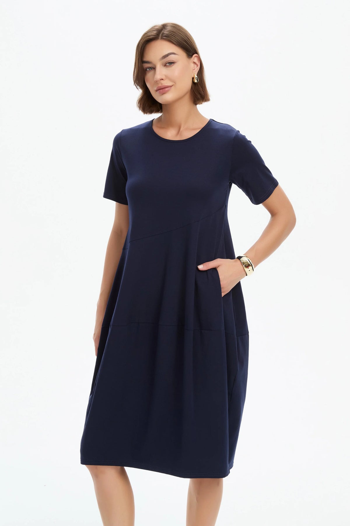 Short Sleeve Diagonal Seam Dress - Navy