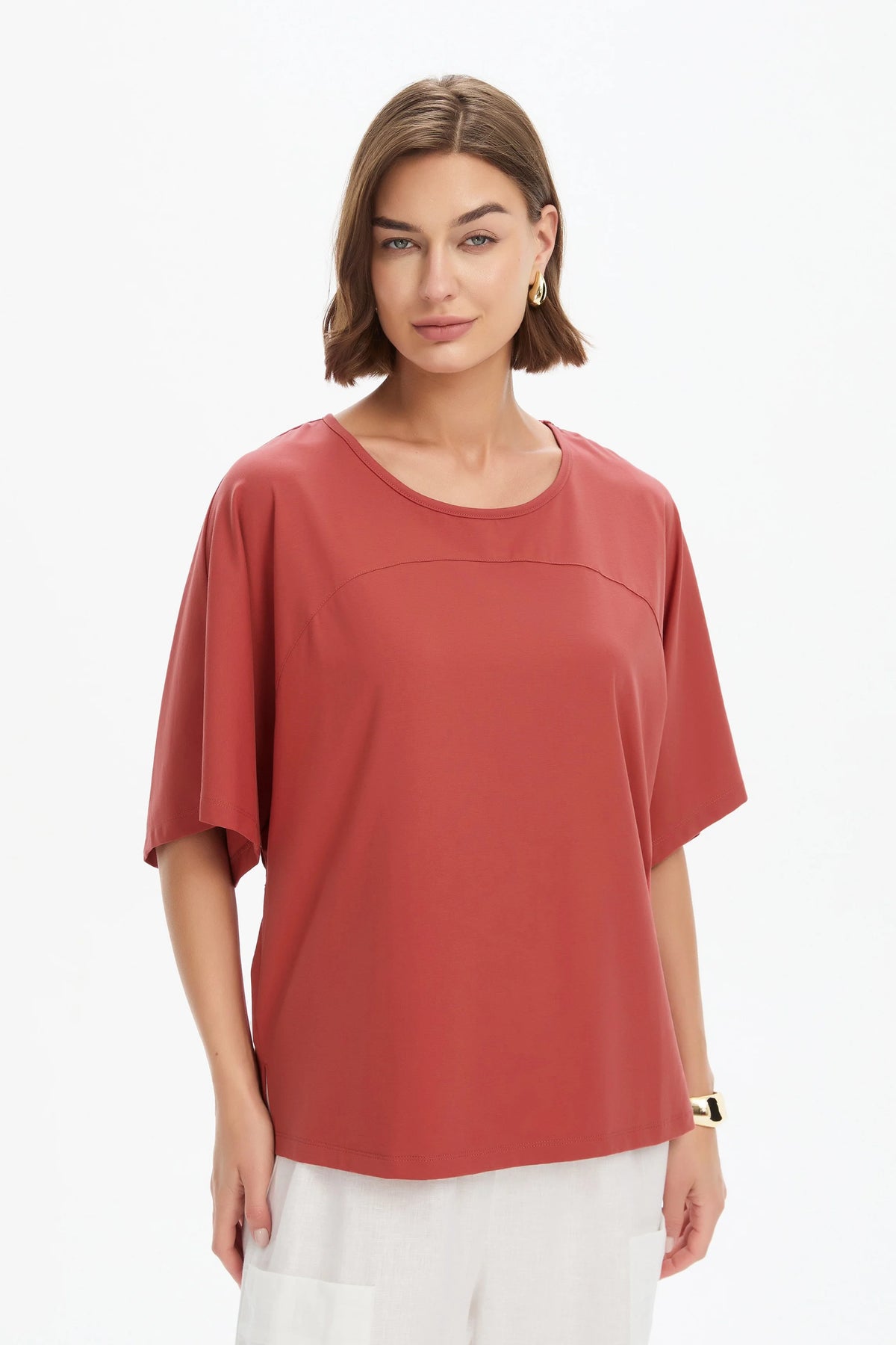 Wide Sleeve Yoke Tee - Dusty Red