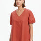 V Neck Bishop Sleeve Poplin Top Clay Red
