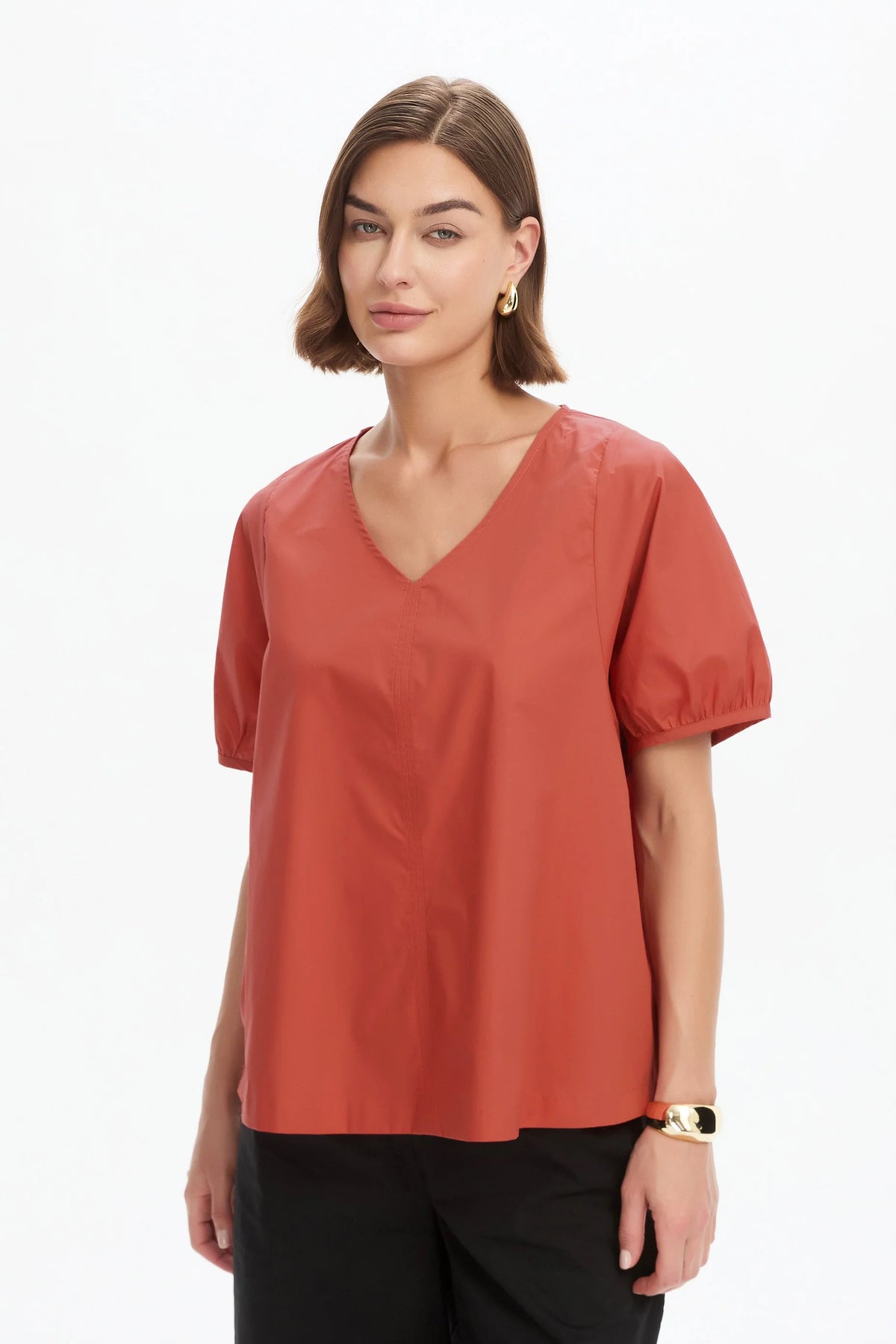 V Neck Bishop Sleeve Poplin Top Clay Red