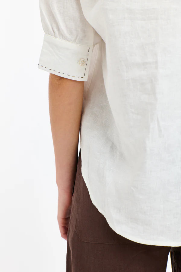 Bradley Linen Stitch Top - White & Chocolate