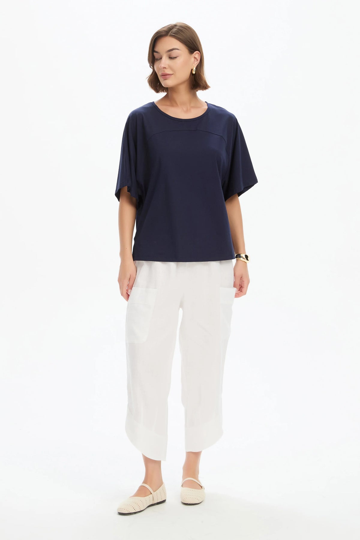 Wide Sleeve Yoke Tee - Navy