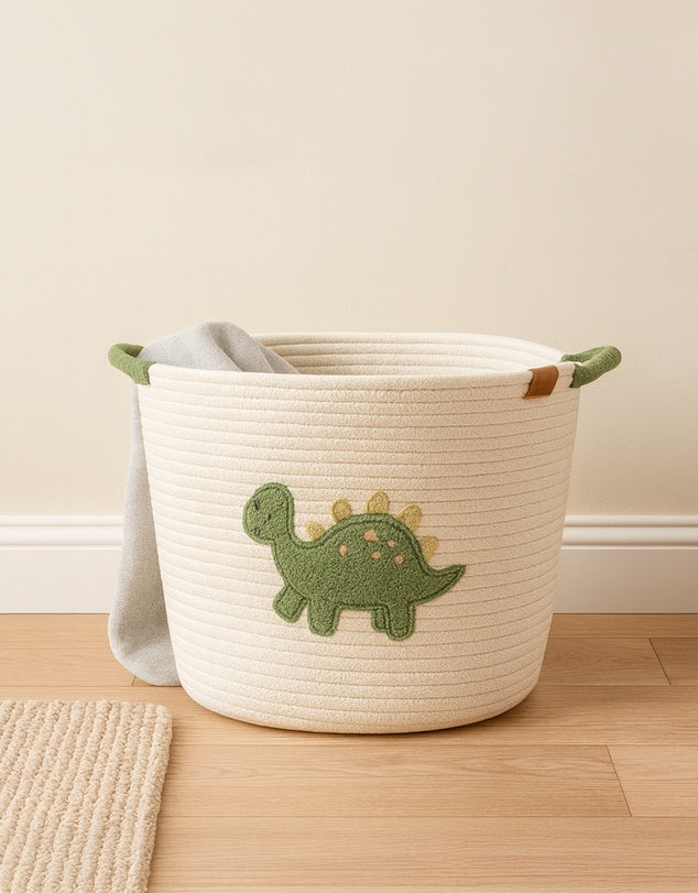 Cotton Rope Embroidered Hamper - Dinosaur