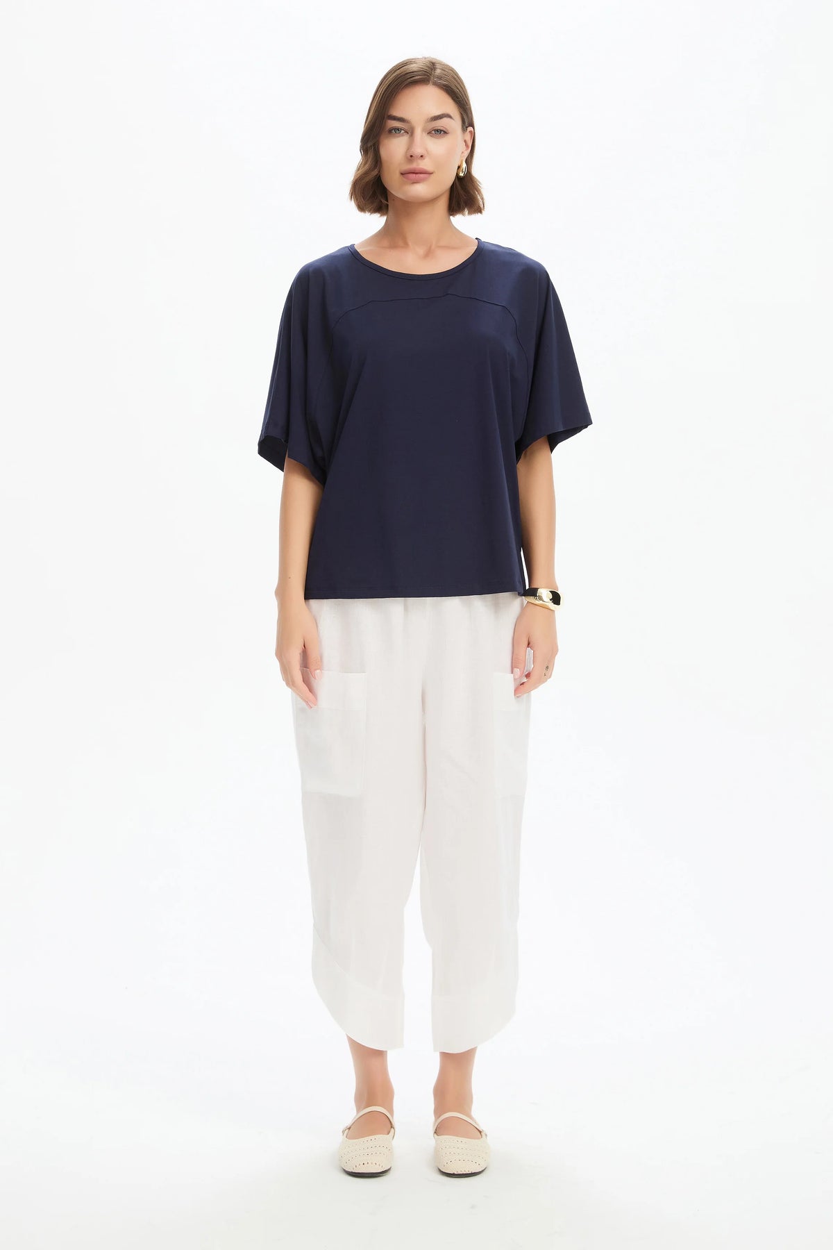 Wide Sleeve Yoke Tee - Navy